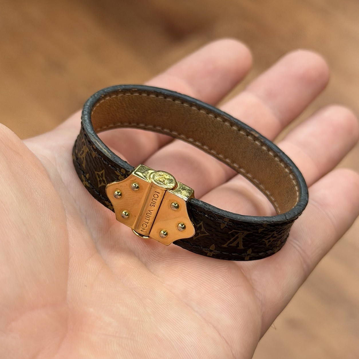 Louis Vuitton Spirit Nano Monogram Coated Canvas & Leather Bracelet Sz 17