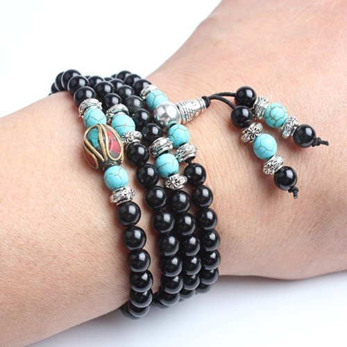Mala Beads Stretch Bracelet, Black Obsidian Tiger Eye Buddhist Prayer Beads