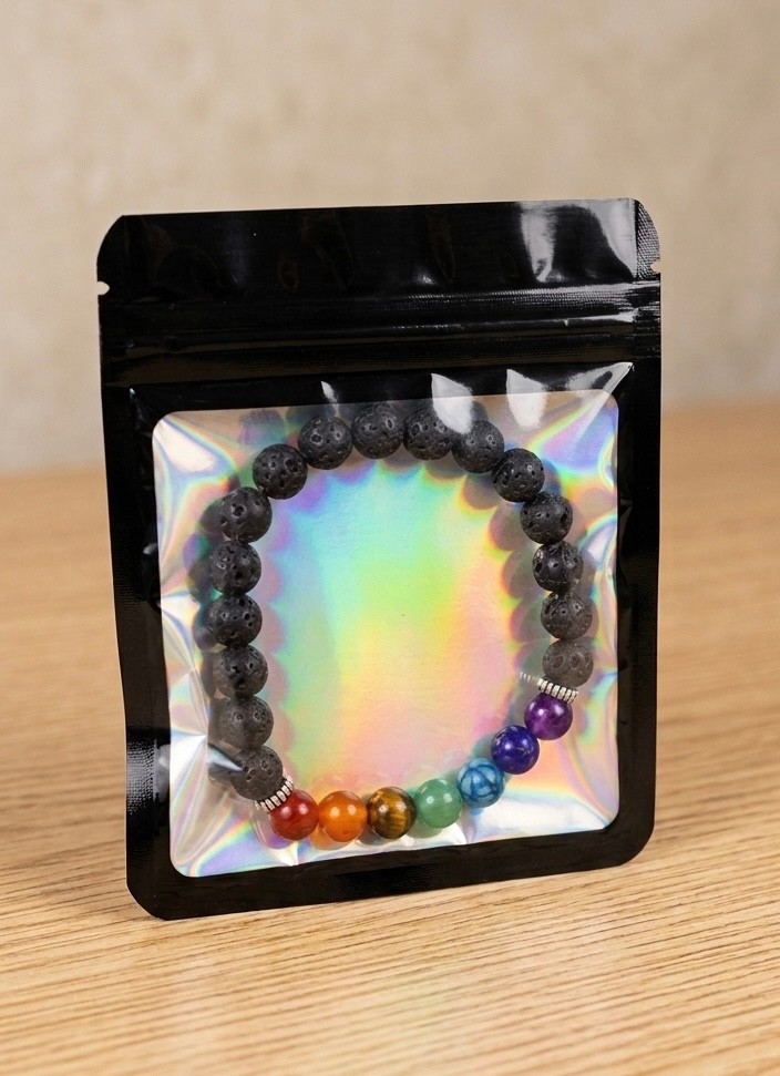 7 Chakra Lava Rock Unisex Bracelet, healing stress relief, essen. oil, w/ bag