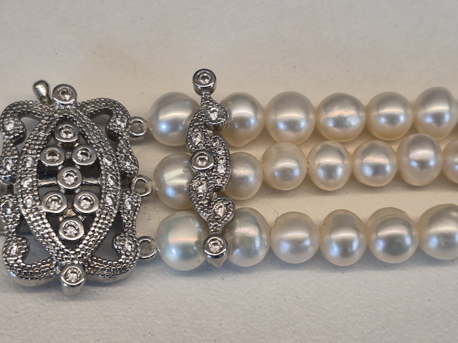 Triple Row Fresh Water Pearl, Art Deco Inlaid CZ Clasp W/ Figure 8 Safety Catch
