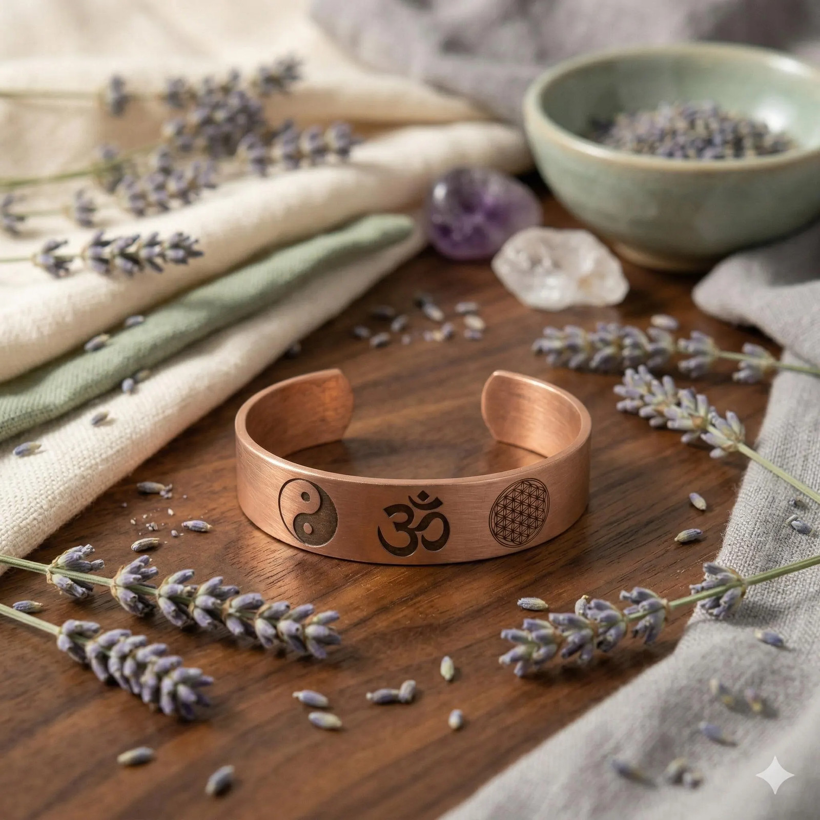 Pure Copper Spiritual Om + Yin Yang + Flower of Life Cuff – Handmade Boho Gift