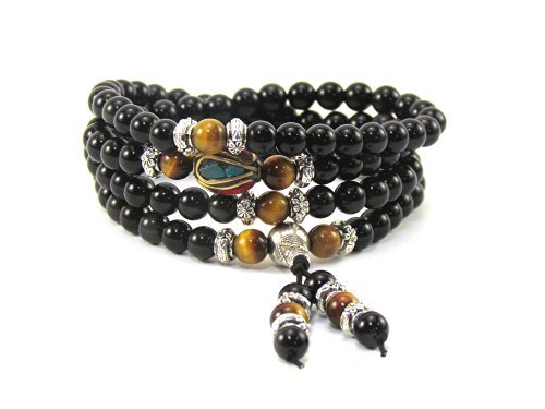 Mala Beads Stretch Bracelet, Black Obsidian Tiger Eye Buddhist Prayer Beads