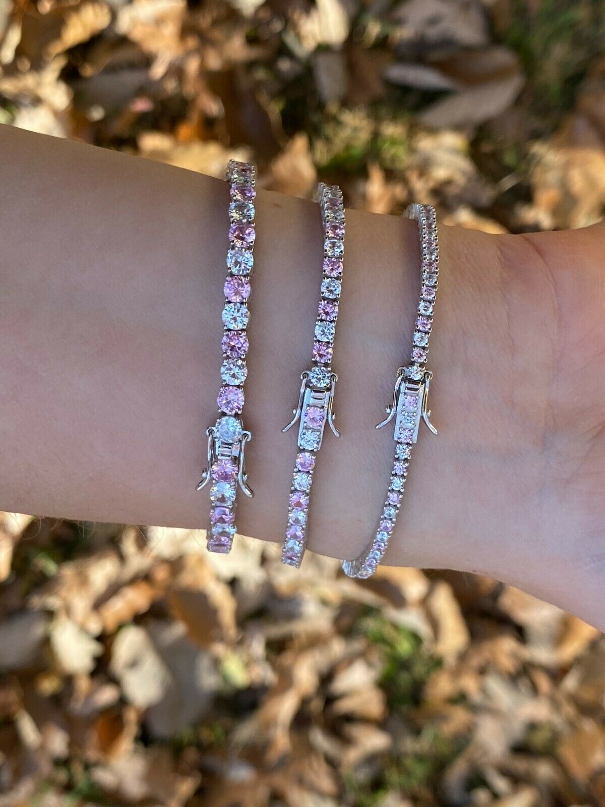 Tennis Bracelet SOLID 925 Sterling Silver Single Row Hip Hop CZ Pink Stone