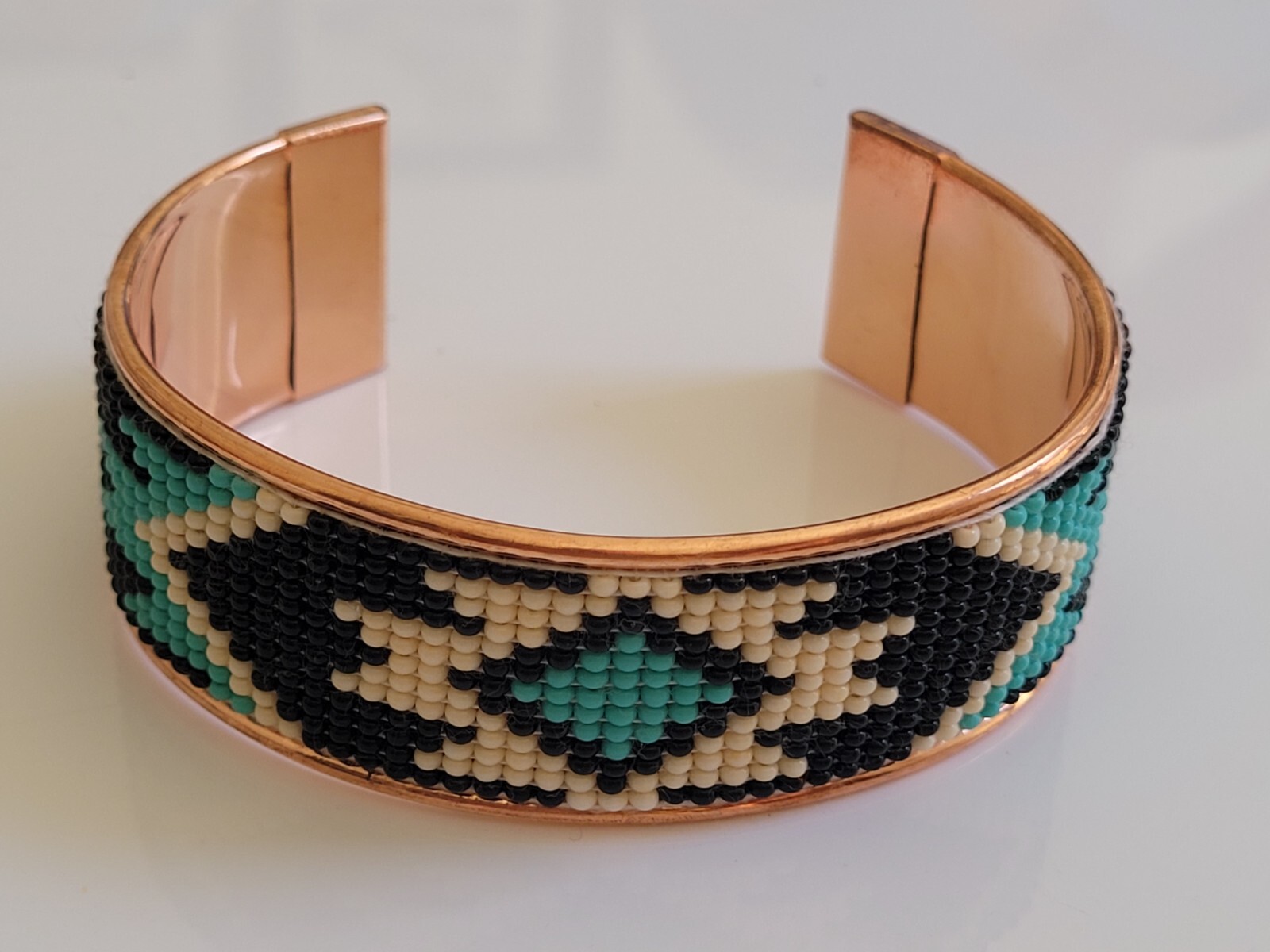 Native American Style Copper Seed Beaded Bracelet Cuff Black Turquoise
