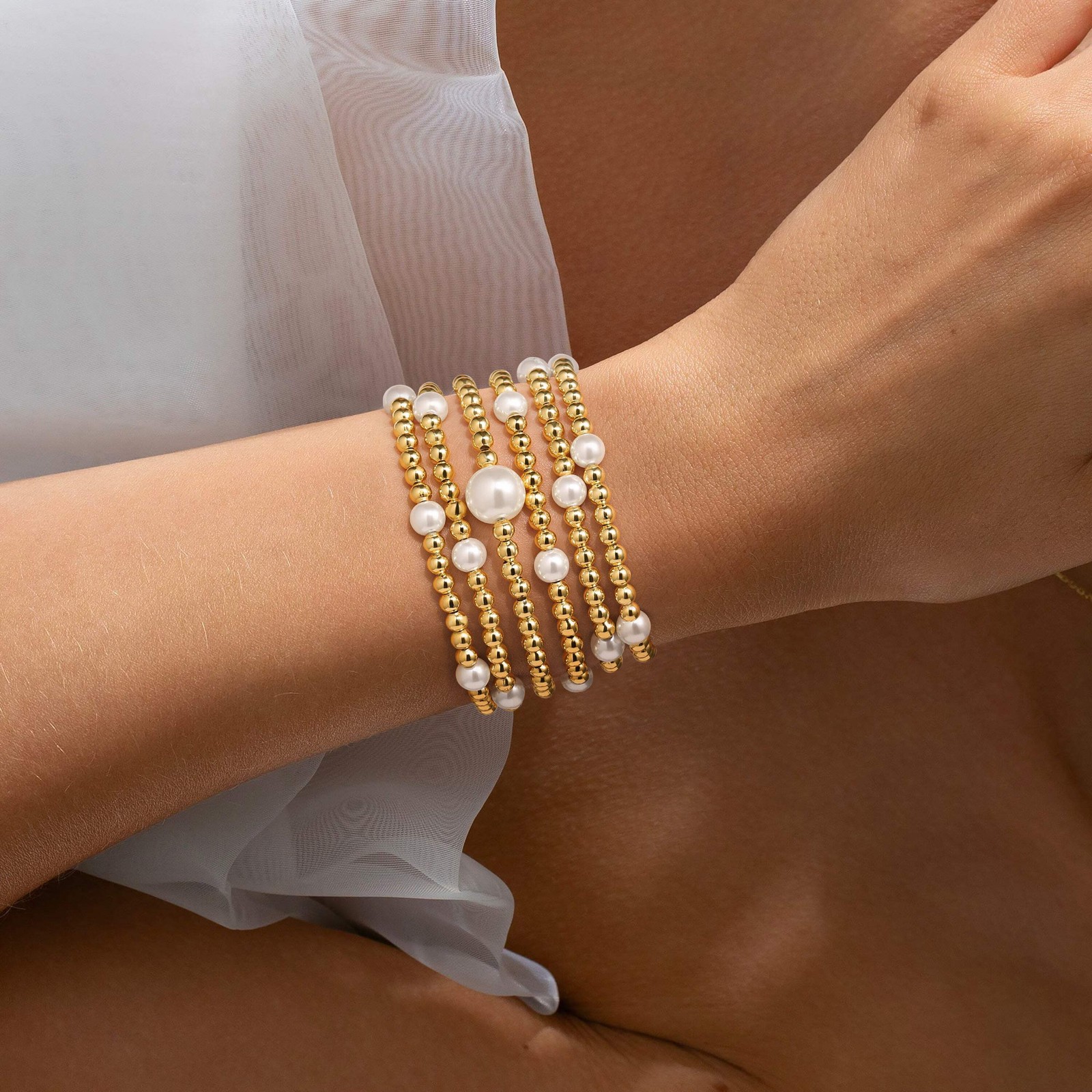 Turandoss 5PCS Gold Stack Pearl Bead Bracelet for Women Girl, Birthday Gift, 7In