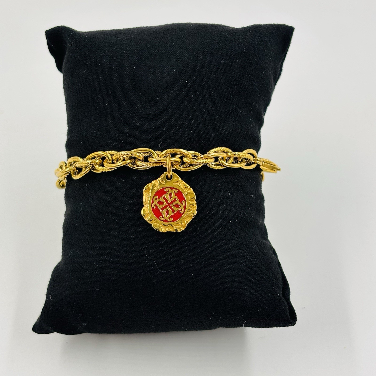 Rustic Cuff Gold Tone Link Chain Charm Bracelet COTM Christmas Dangle Logo Charm