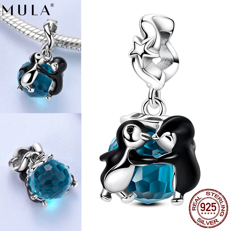 MULA 925 Sterling Silver Charm Enamel Penguin Dance Pendant for Women Bracelet