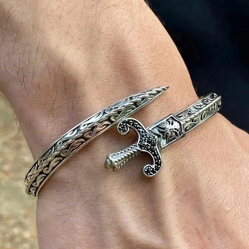 Vintage Carved Sword Bracelet Punk Gothic Charm Bangle Unisex Jewelry Gift