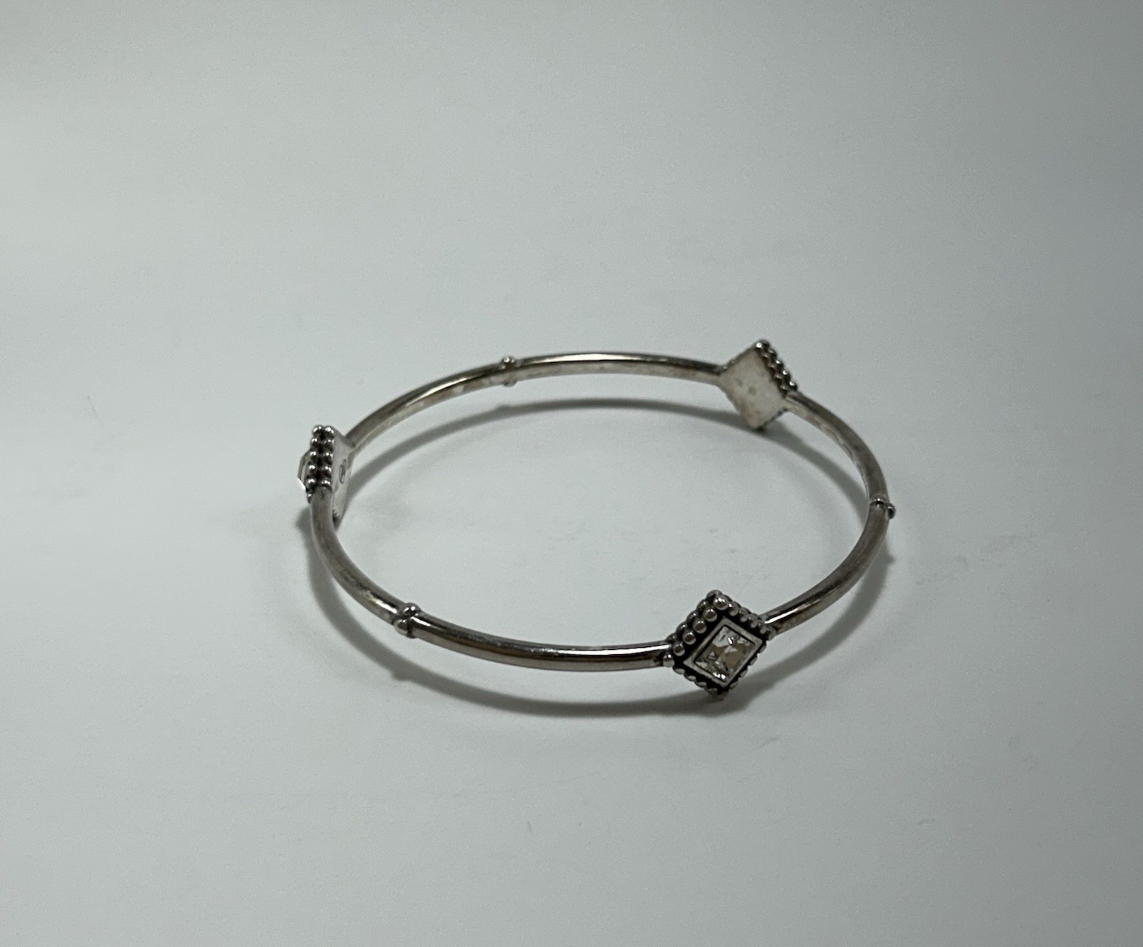 Brighton Silver Toned Bangle Bracelet With 3 Square Crystal Accent Stones