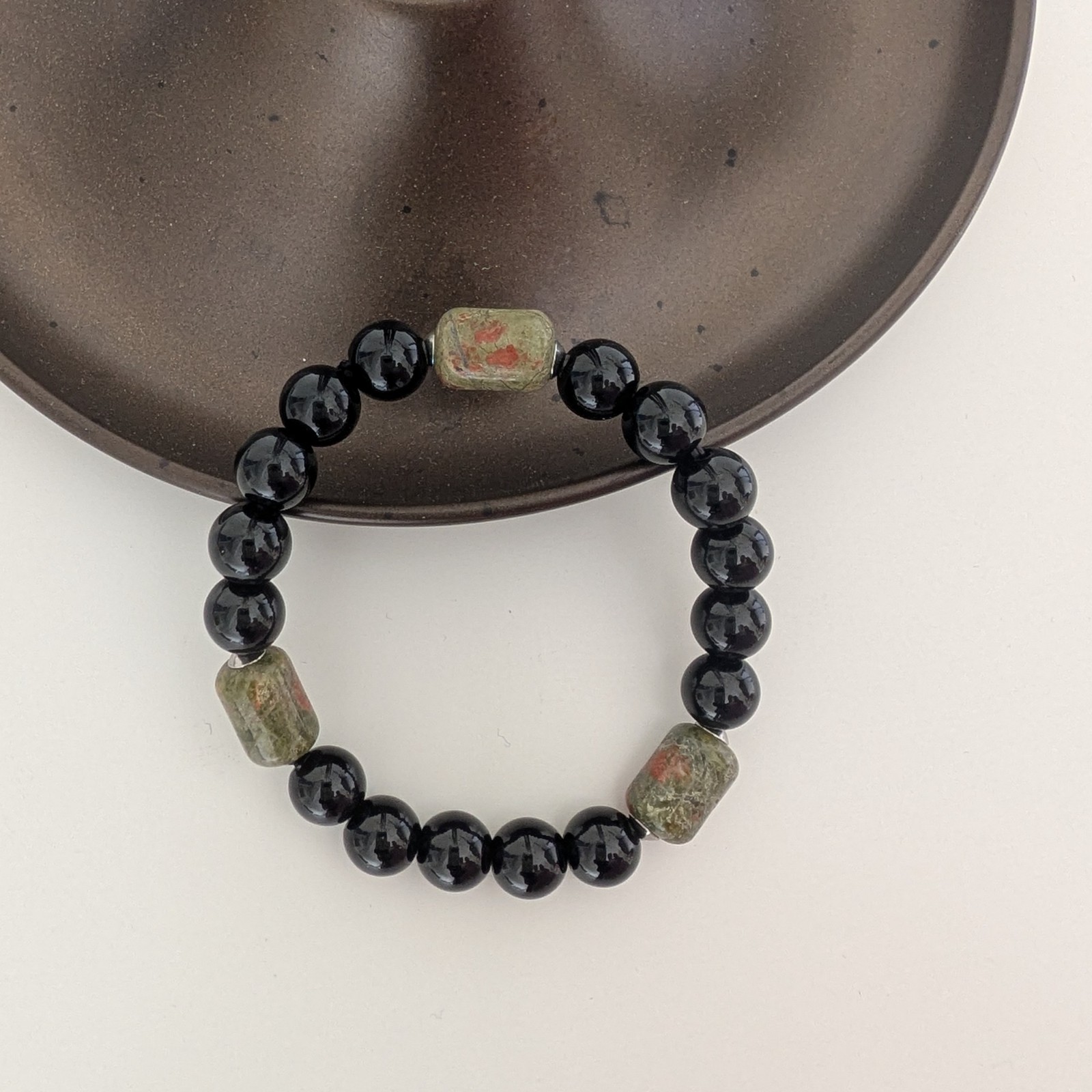 Black Onyx Unakite Beaded Bracelet, Natural Stone Unisex Gift, Protection Stone