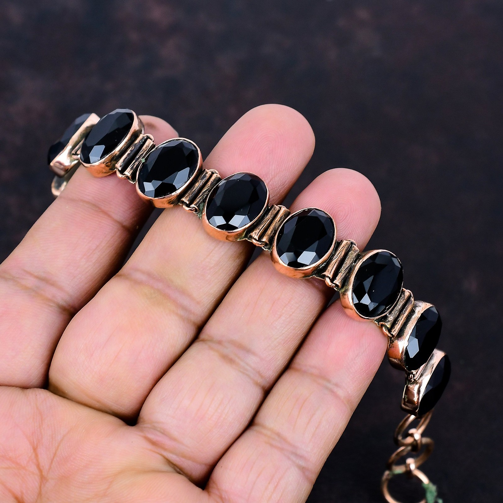Copper Oval Black Onyx Gemstone Chain Root Chakra Trendy Sisters Day Bracelet