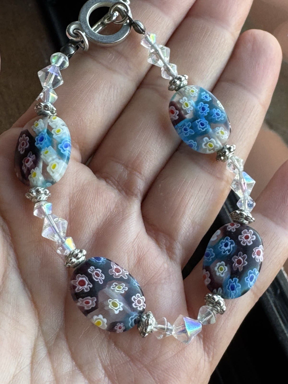 Modern Murano Glass Millefiori Bracelet with Crystal Beads 7.5”