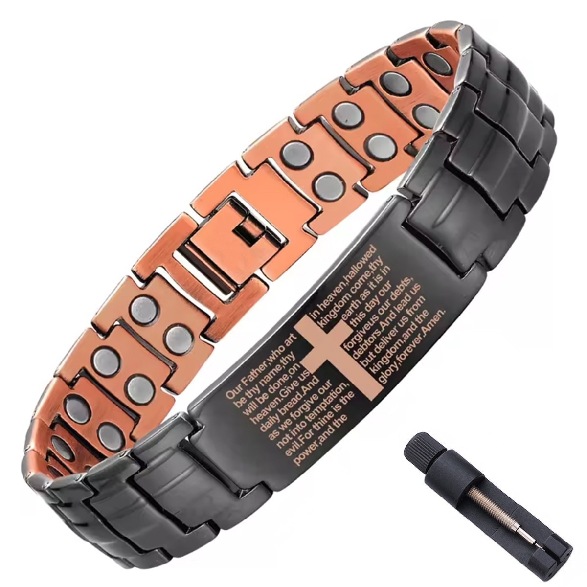 Pure Copper Magnetic Bracelet Cross Lord’s Prayer Christian Link Bracelet Men Wo
