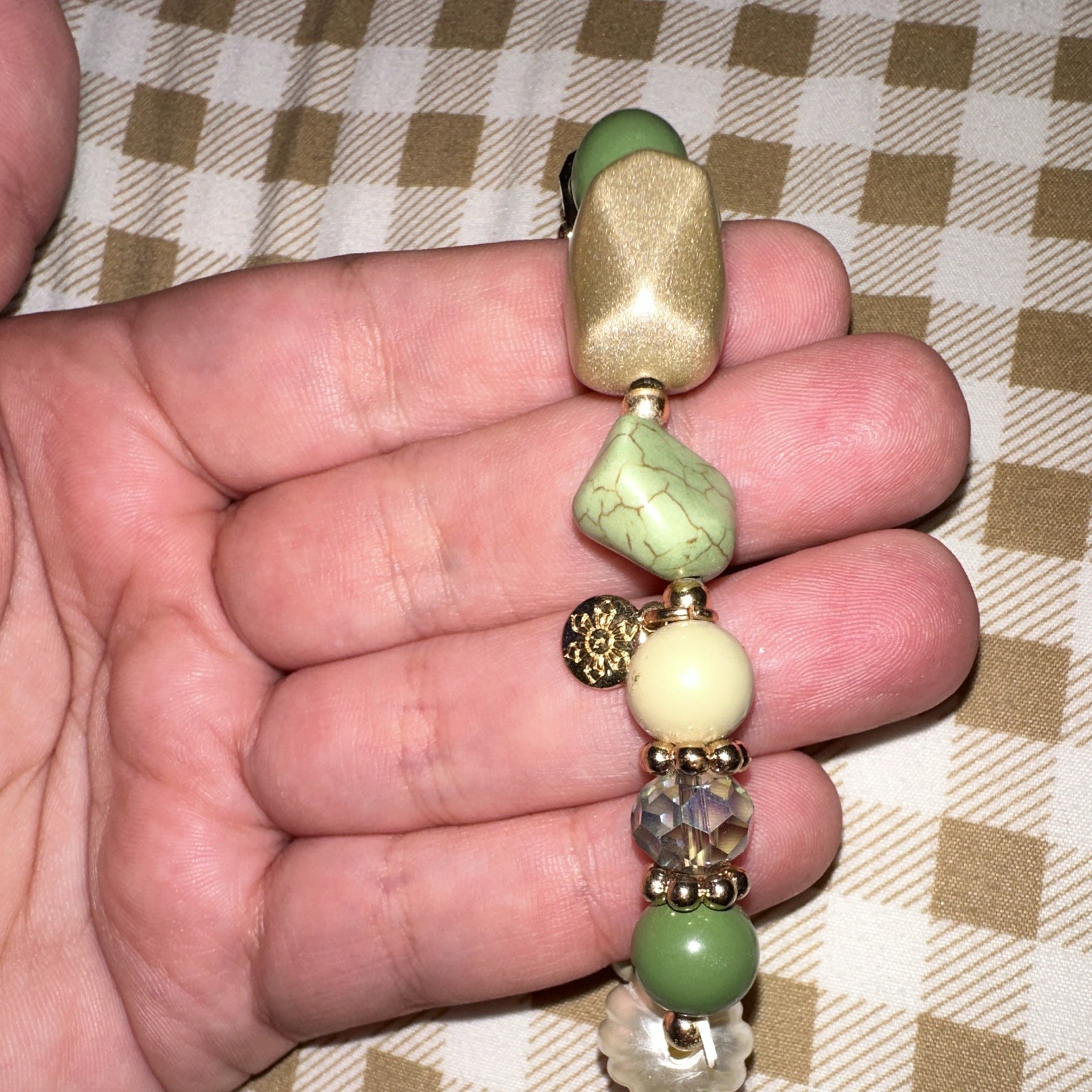 Green & Cream Glass Beaded Stretch Charm Bracelet Stackable Round Beads
