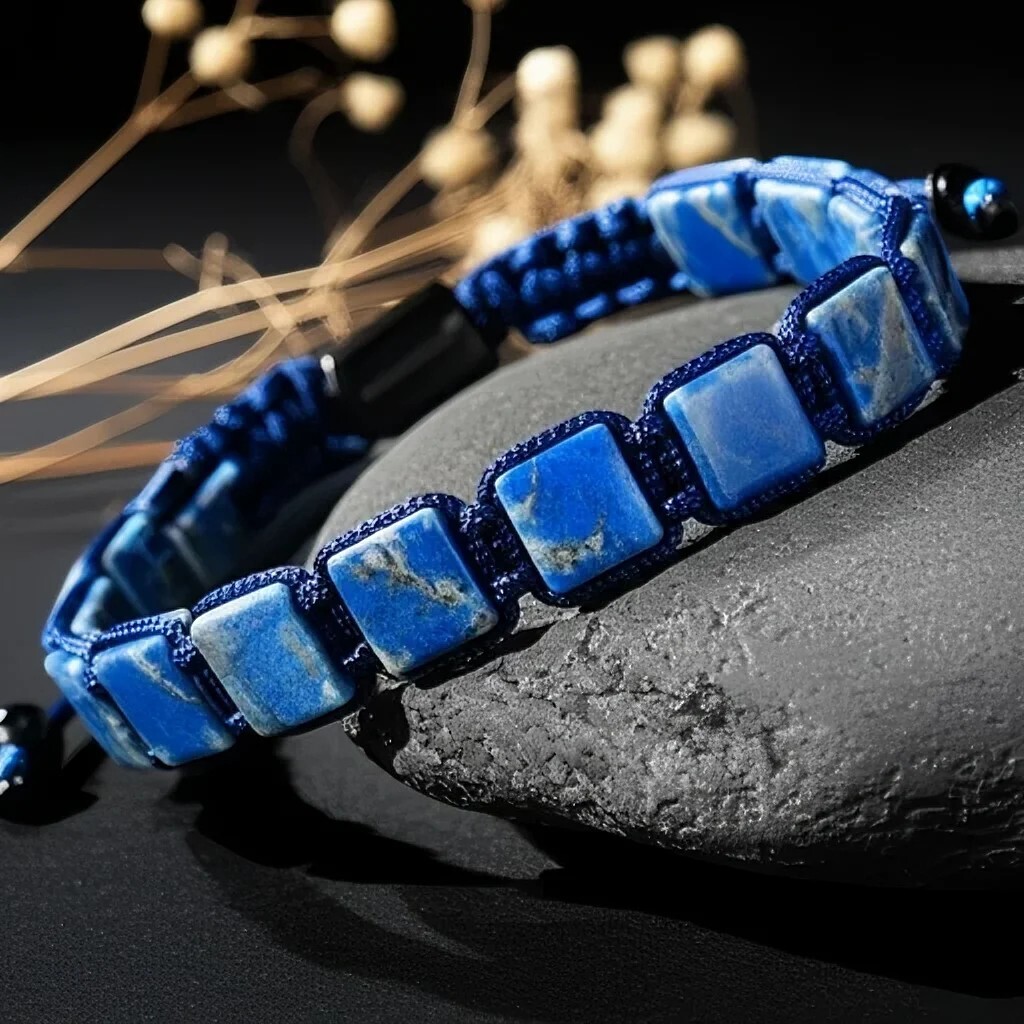 Natural Lapis Lazuli & Black Onyx Men’s Square Beads Healing Protection Bracelet