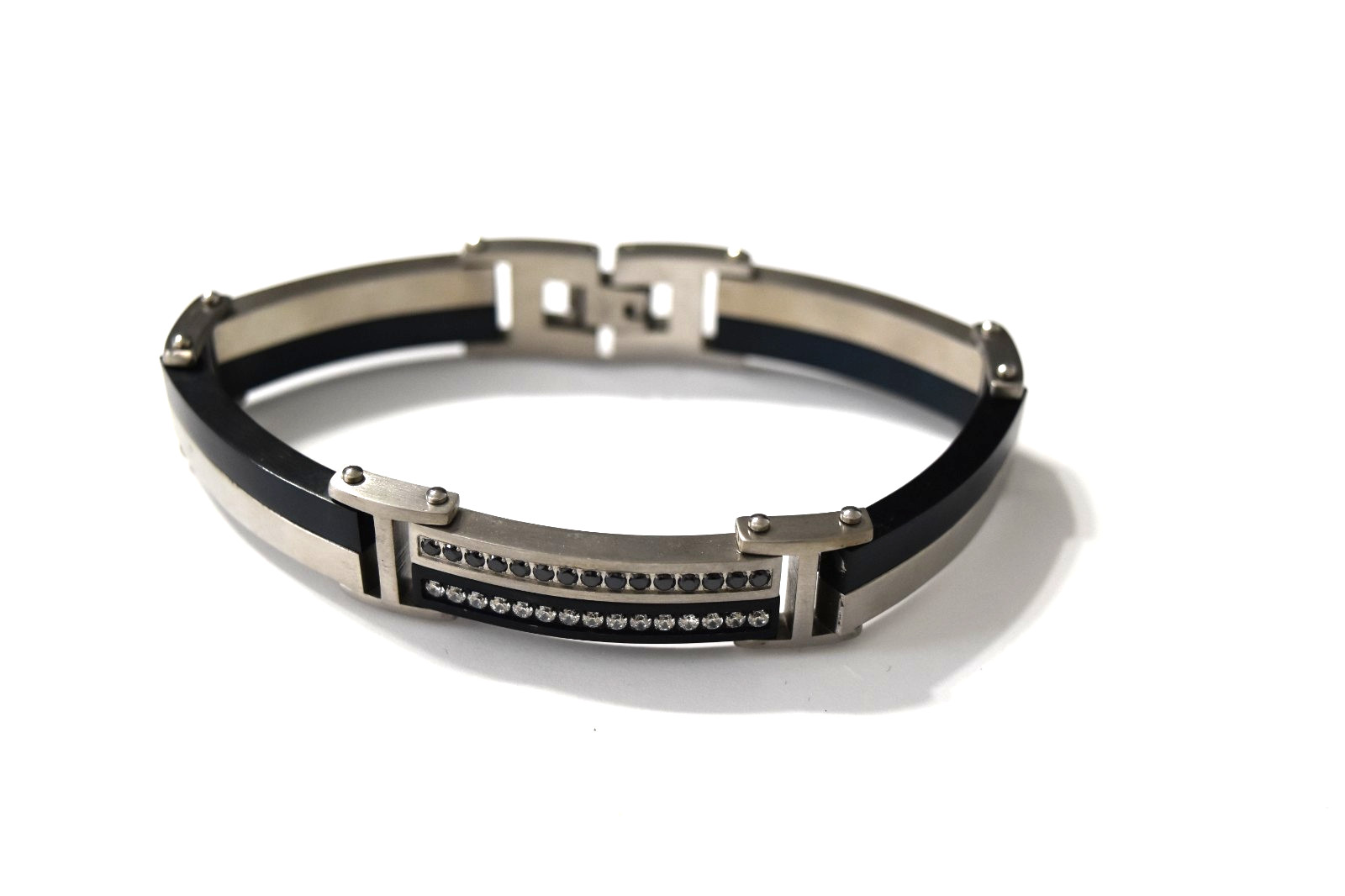 Men’s Silver Black Stainless Steel White Black Crystals 8.5″ Bracelet