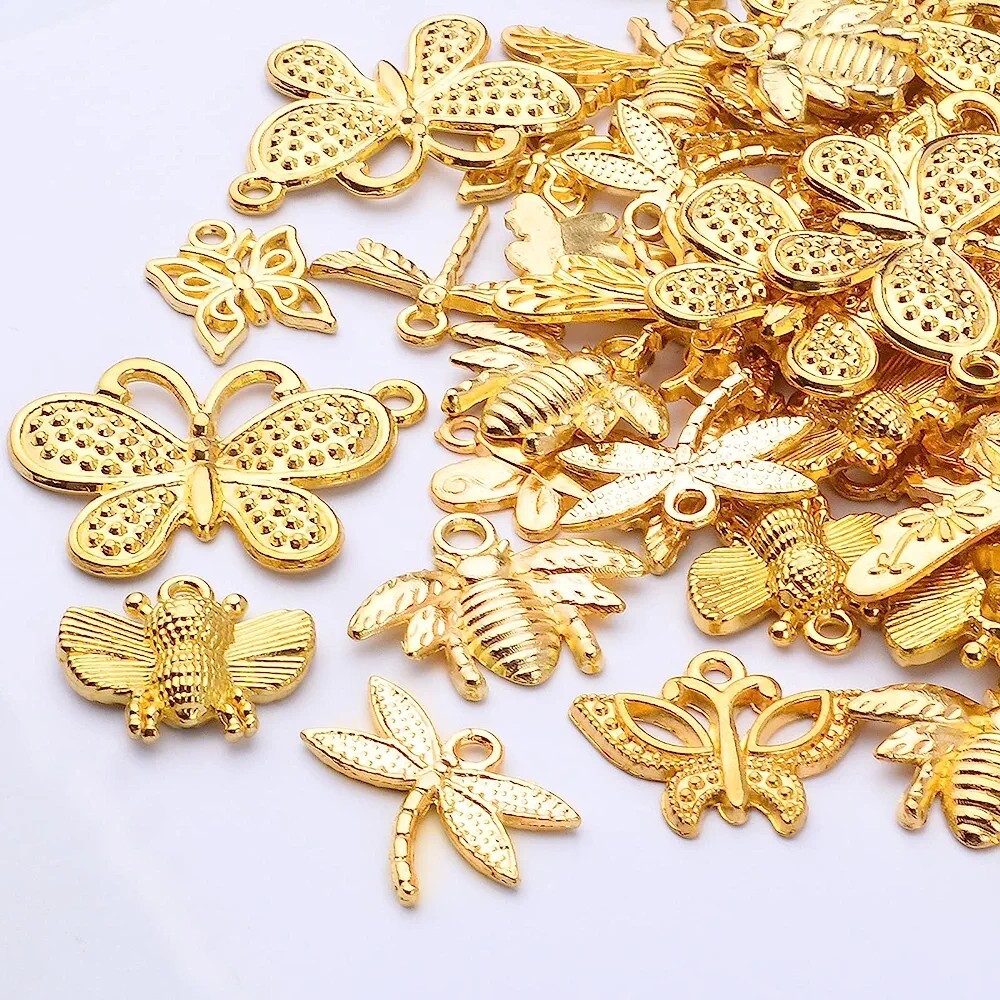 10 Bee Charms Butterfly Pendants Shiny Gold Assorted Set Insect Wasp