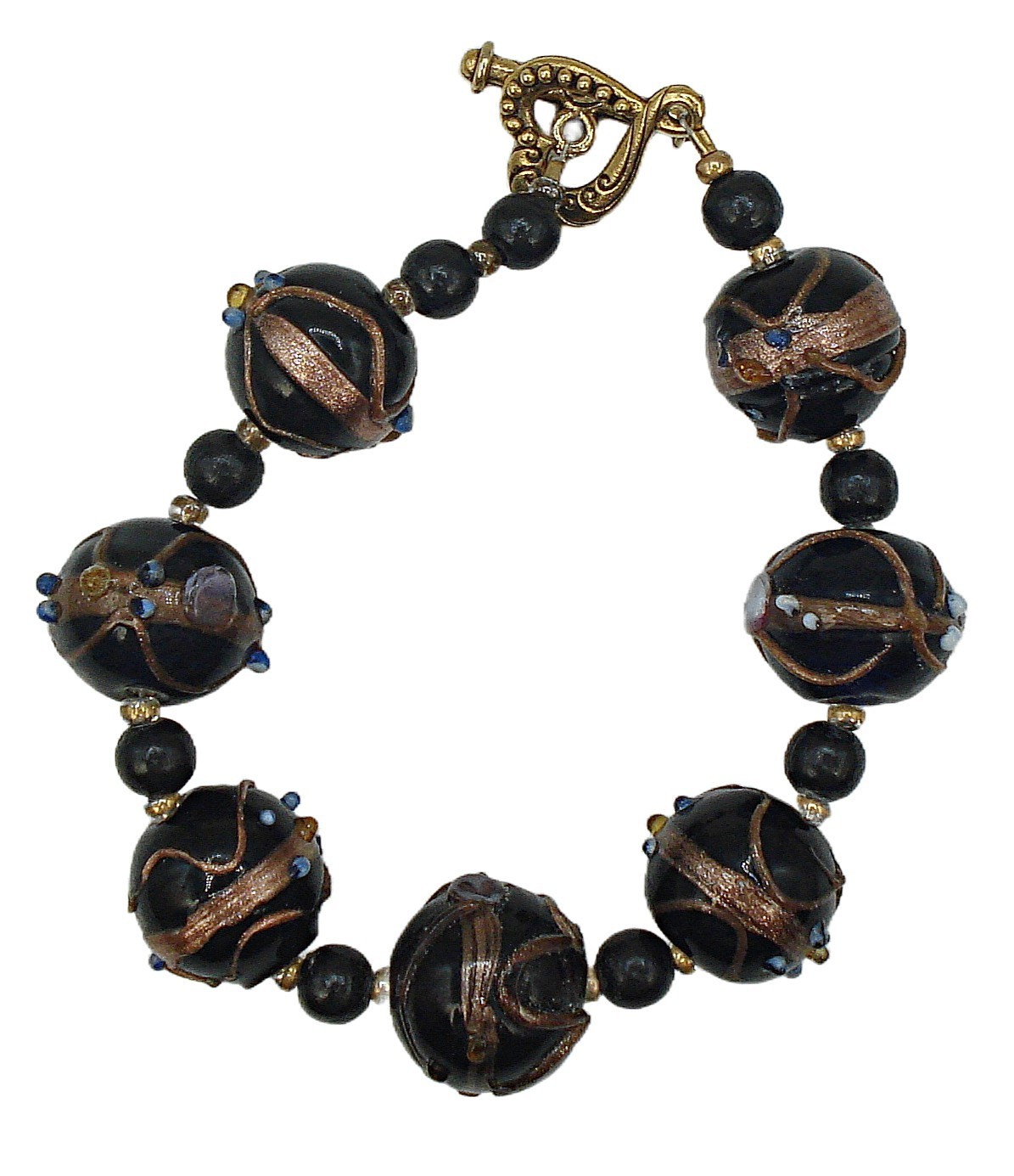 BLACK WEDDING CAKE BEADED ART GLASS TOGGLE BRACELET COPPER GLITTER RHINESTONE 7″
