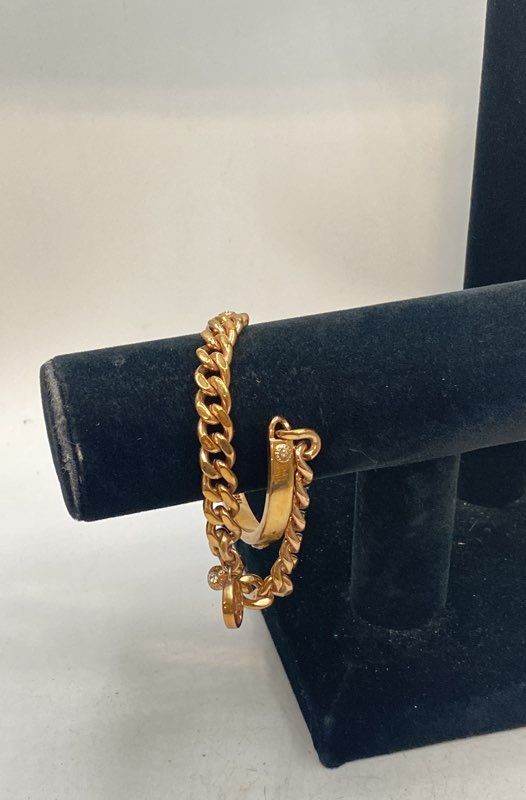 Henri Bendel Gold Tone Crystal Hybrid Cuff Curb Chain Charm Bracelet 5.5″