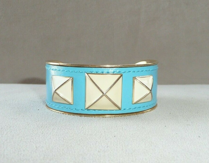 Rebecca Minkoff Blue Leather On Metal Cuff 3 Enamel Pyramid Studded Bracelet