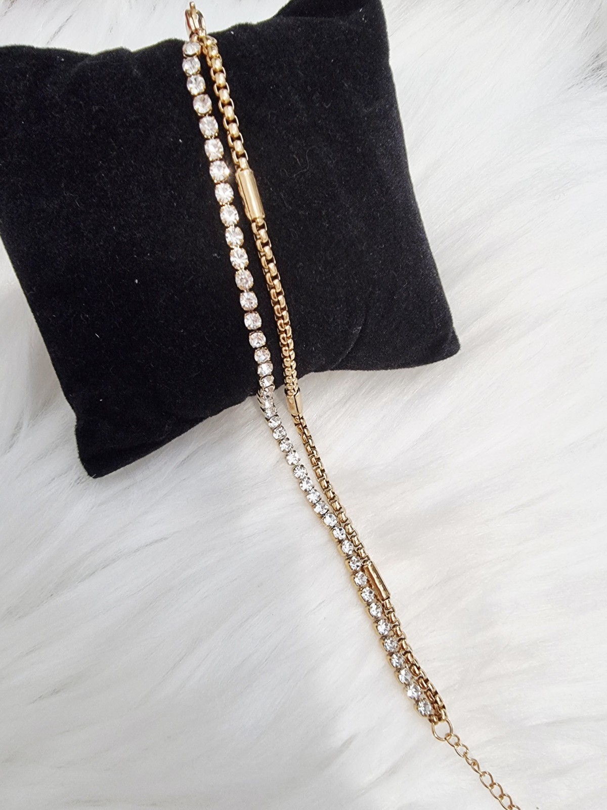 Gold Double Chain Bracelet with Crystal Stones/ Stainless Steel Adjustable