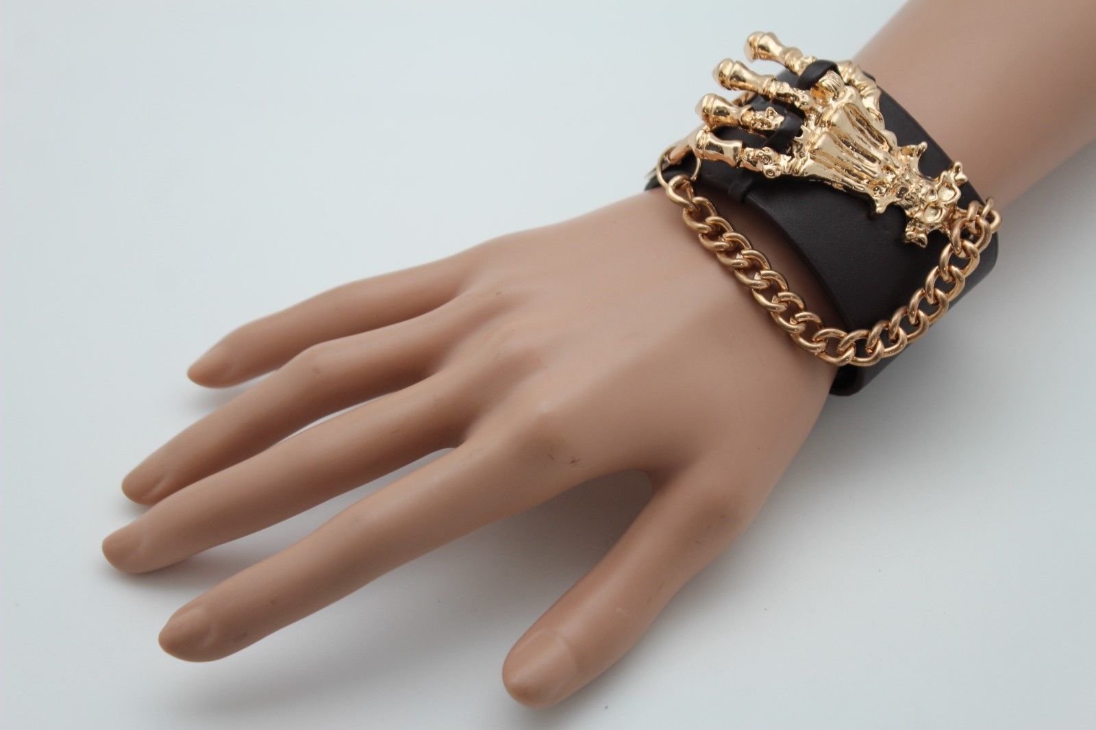 Women Dark Brown Faux Leather Bracelet Fashion Gold Metal Hand Chain Skull Bones