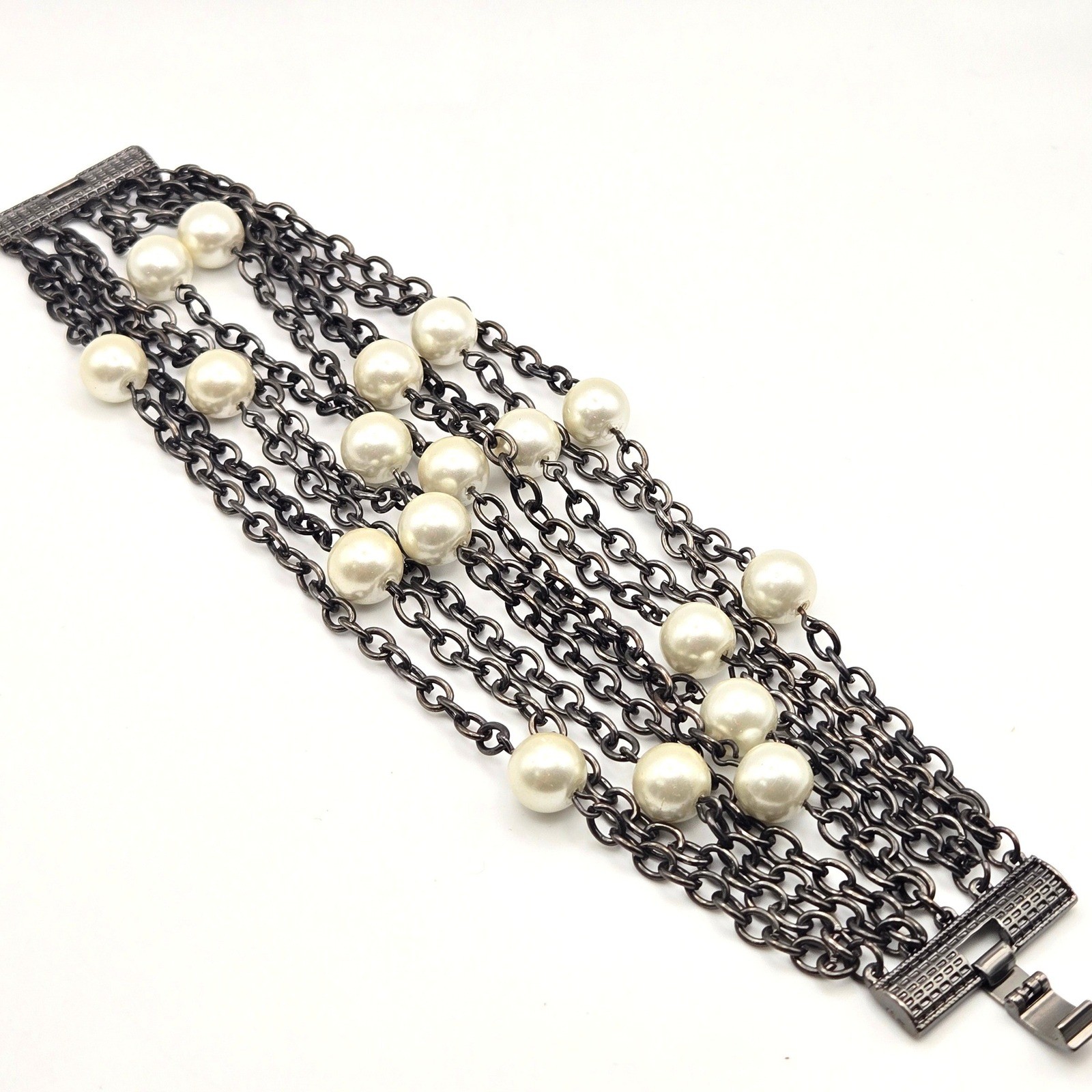 Multi Strand Dark Metal Chain Glass Faux Pearl Bracelet Fold Over Clasp Closure