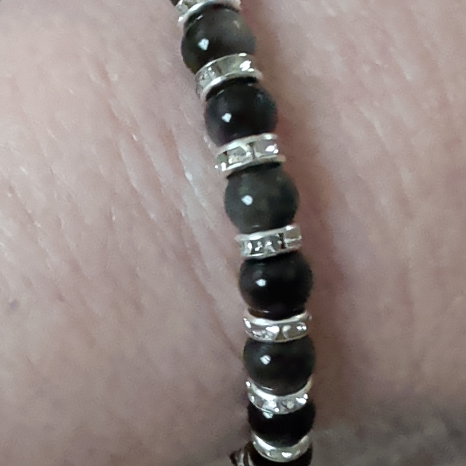 Silver Obsidian Stone Beaded Stretch Bracelet w/ Silver Rhinestone Spacers