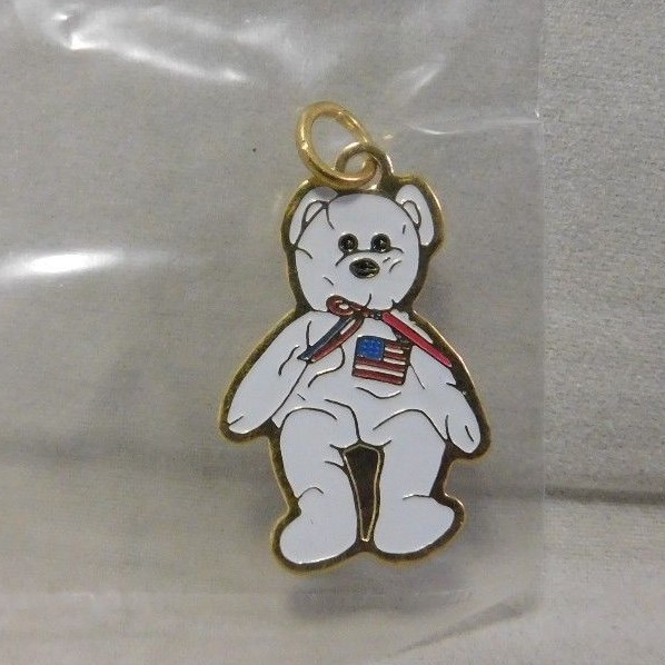 White Beanie Baby Bear W/USA Flag Vintage 1″Gold Tone Necklace – Bracelet Charm