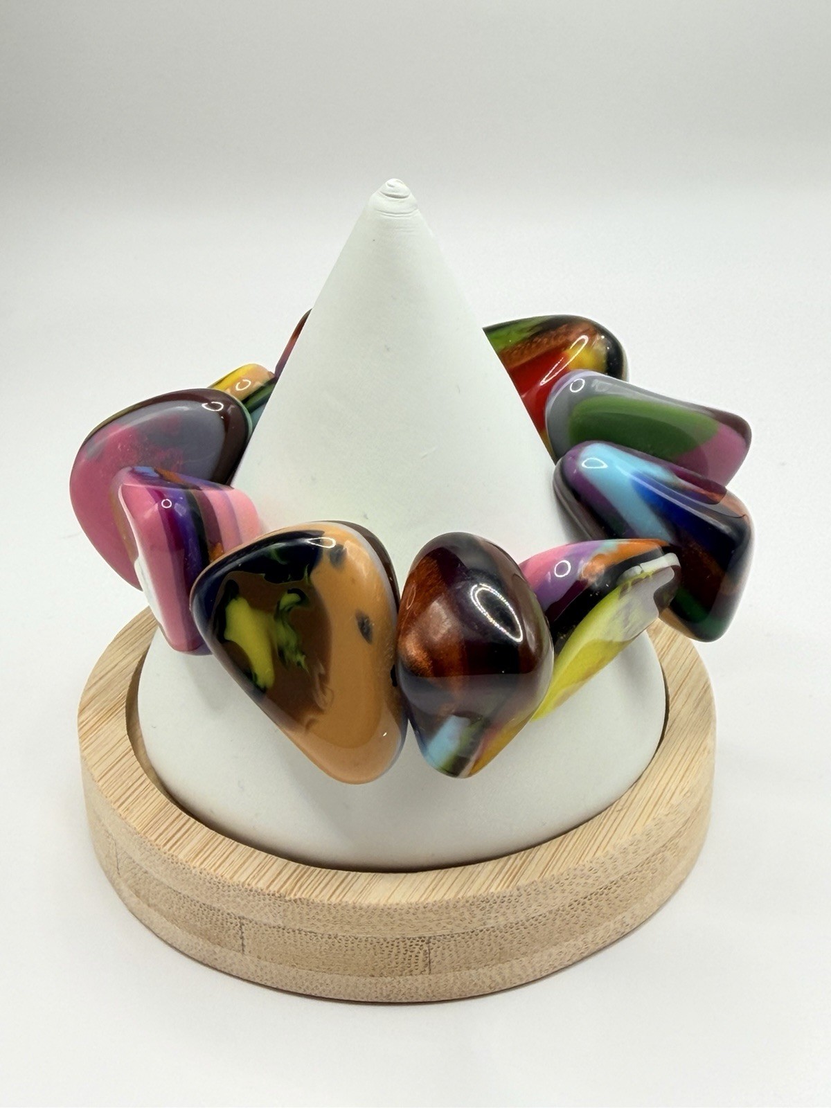 Vintage Sobral Brazil Stretch Bracelet Vibrant Colors Polished Resin Signed 3”