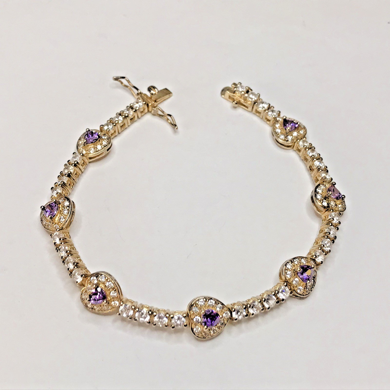 925 Sterling Silver Gold Tone CZ Heart 7.5” Bracelet DL Stamp 16.27grams