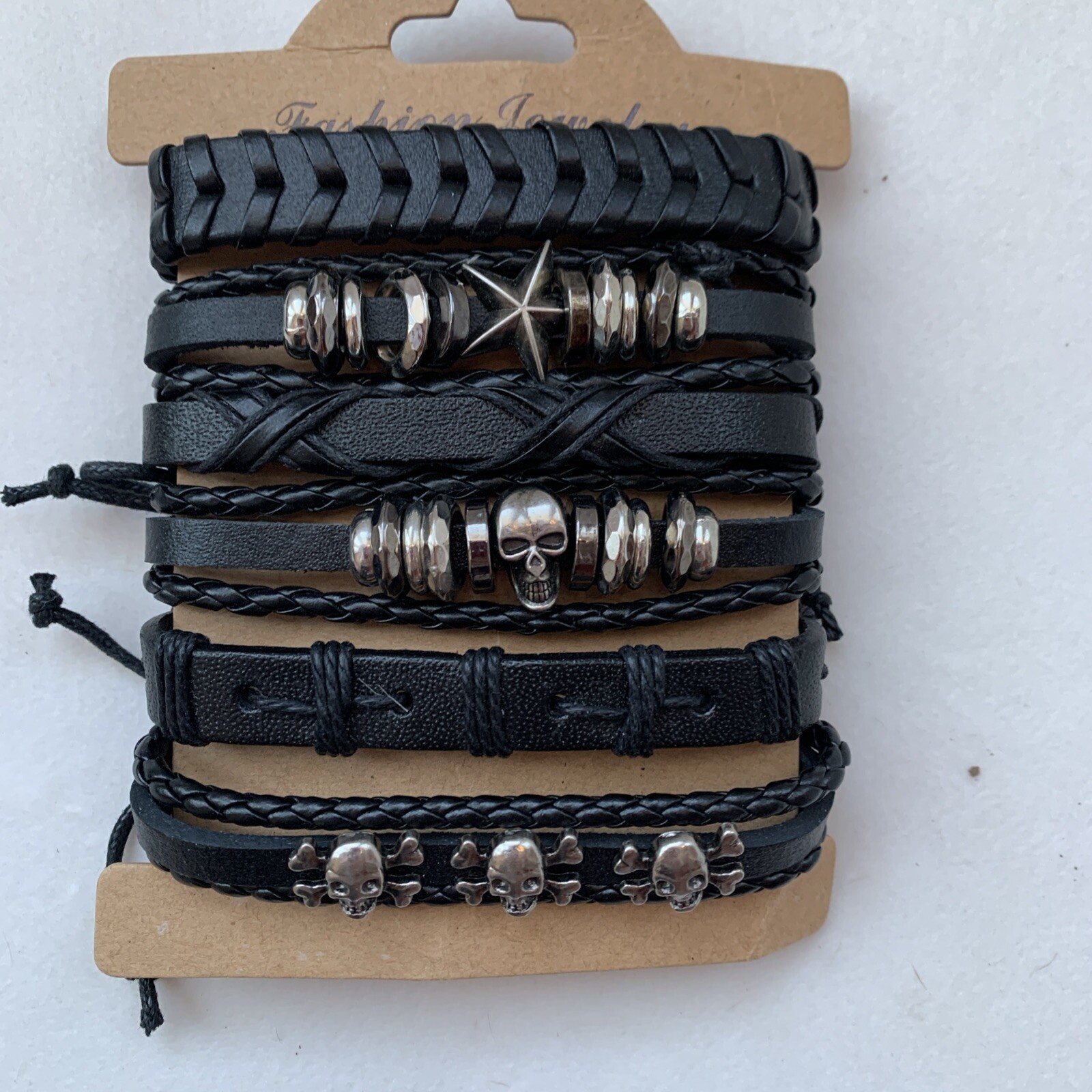 6 PC Faux Leather Bracelet Adjustable Tie & Stackable Silver Star and Skulls