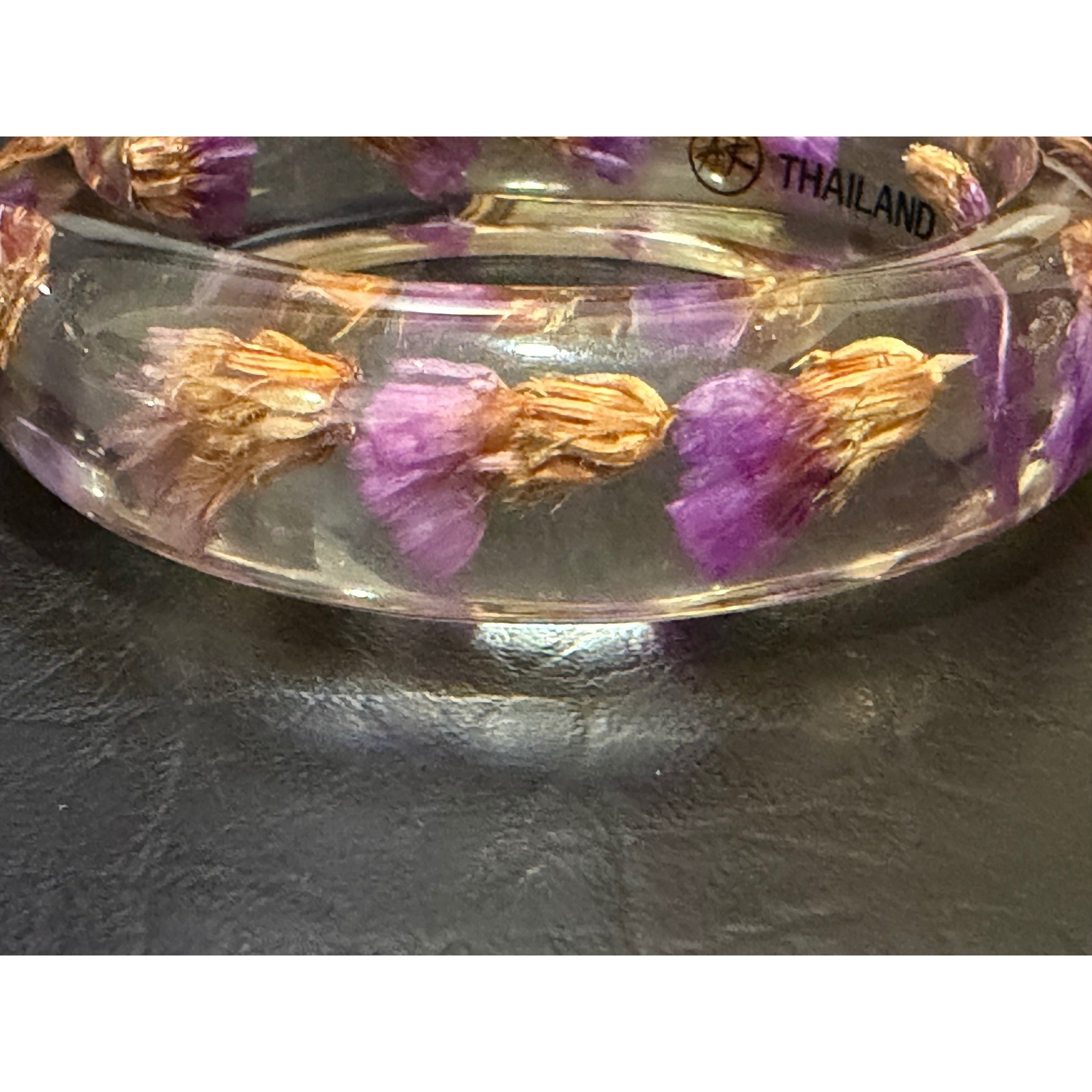 AF Thailand Resin Bangle Purple Golden Brown Real Dried Flower Boho Acrylic 7.5