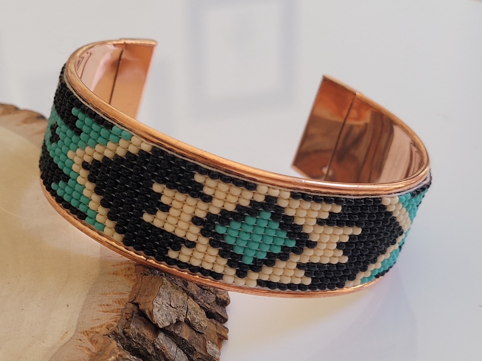 Native American Style Copper Seed Beaded Bracelet Cuff Black Turquoise