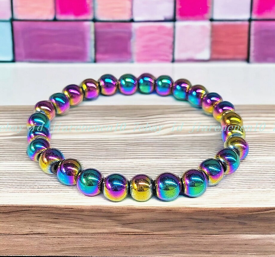 Rainbow Hematite Natural 8mm 7.5” Crystal Stretch Round Beaded Bracelet