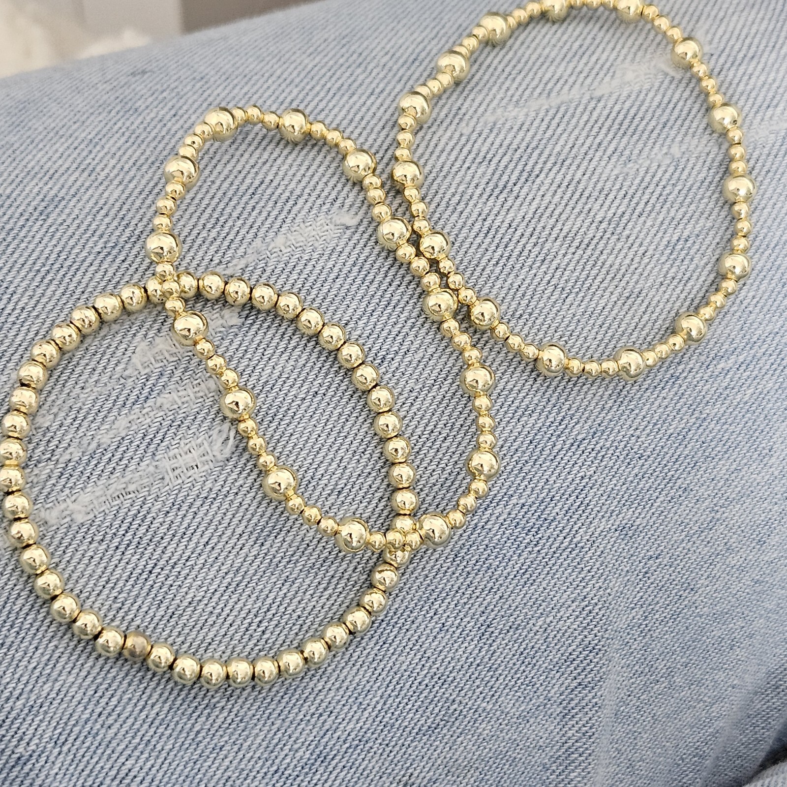 3 Piece 18k Gold Filled Elastic beaded bracelet Gold Ball bracelet