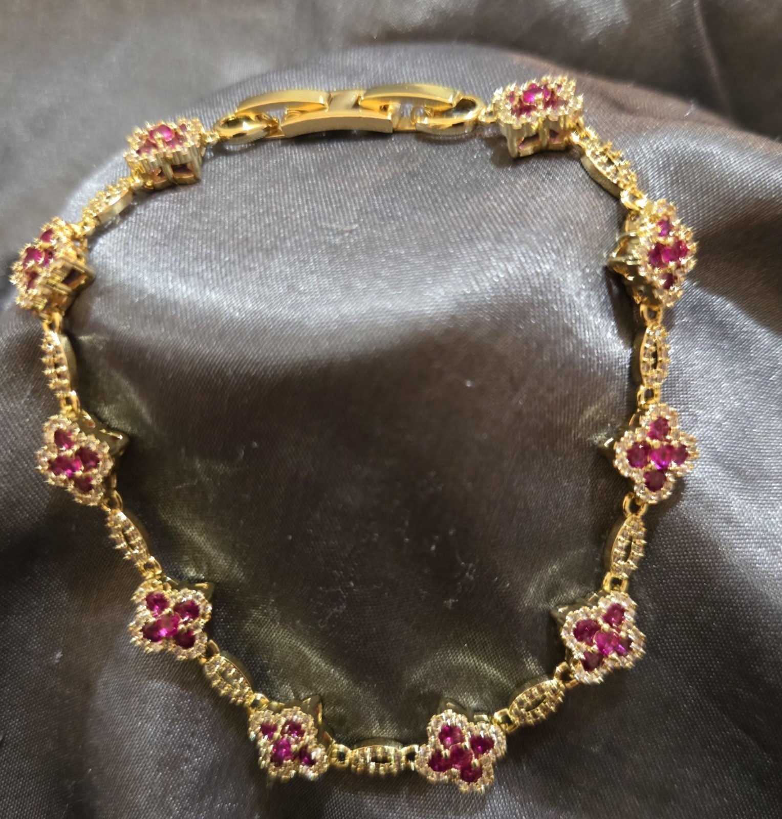New 18k Gold Plated Pink Crystal Flower Bar Link Tennis Bracelet w/ Box Clasp