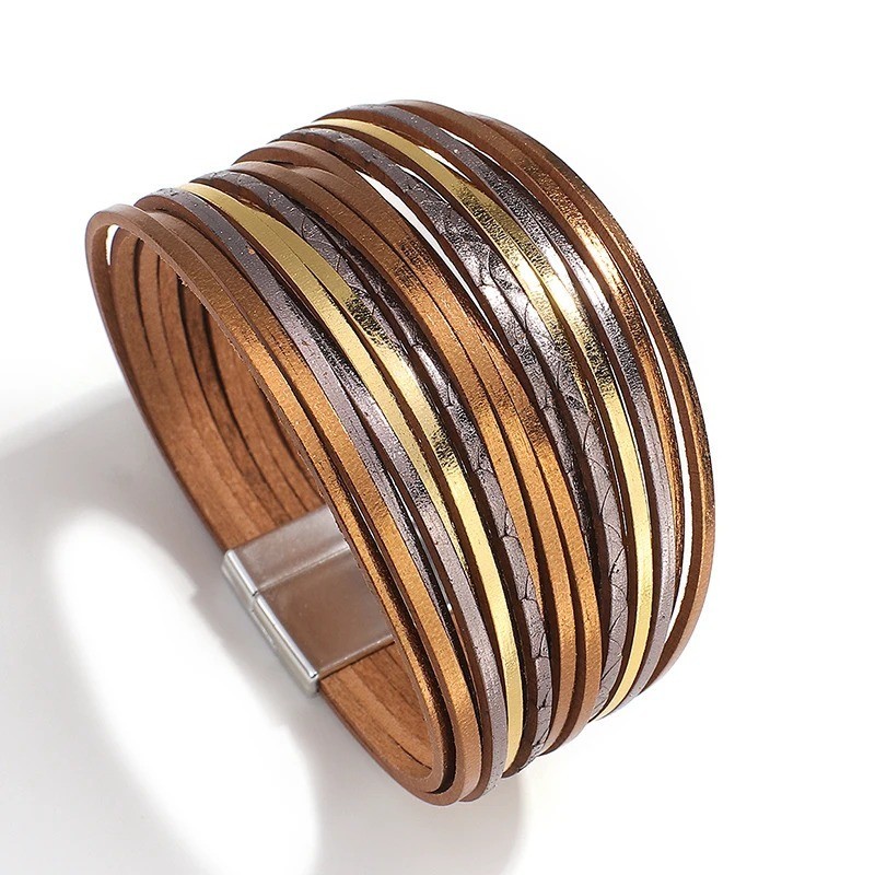 Wrap Boho Bracelet Multilayer PU Leather Slim Magnetic ClaspStripe Women Jewelry