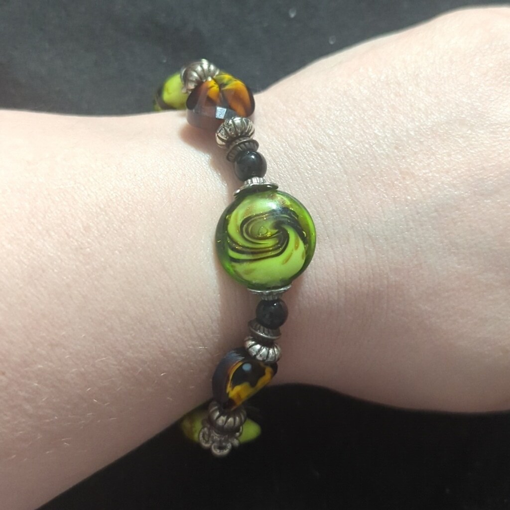 Silver Tone Black Green Orange Brown Swirl Glass Bead Statement Bracelet