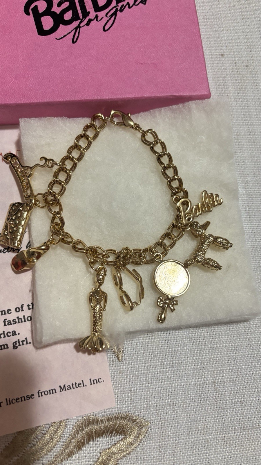 Barbie Limited Edition 1959 Gold Tone Oval Link Charm Bracelet, Lobster Closure
