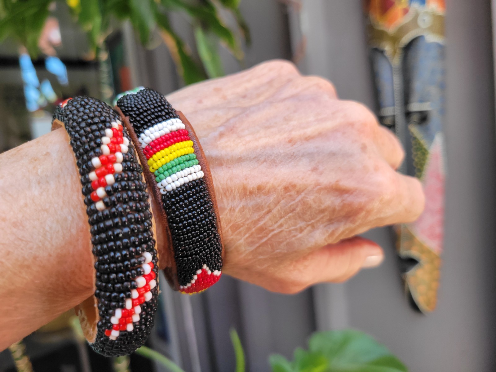 Vintage Lot of 2 African Woven Seed Bead & Leather Bangles African Colors 7″& 8″
