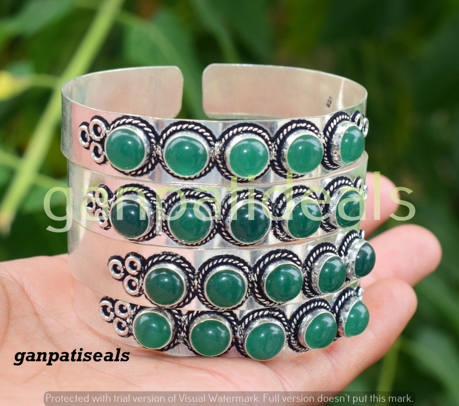 Green Onyx Gemstone 5Stone Bangle Wholesale Lot 925 Silver Plated Ethnic Jewelry