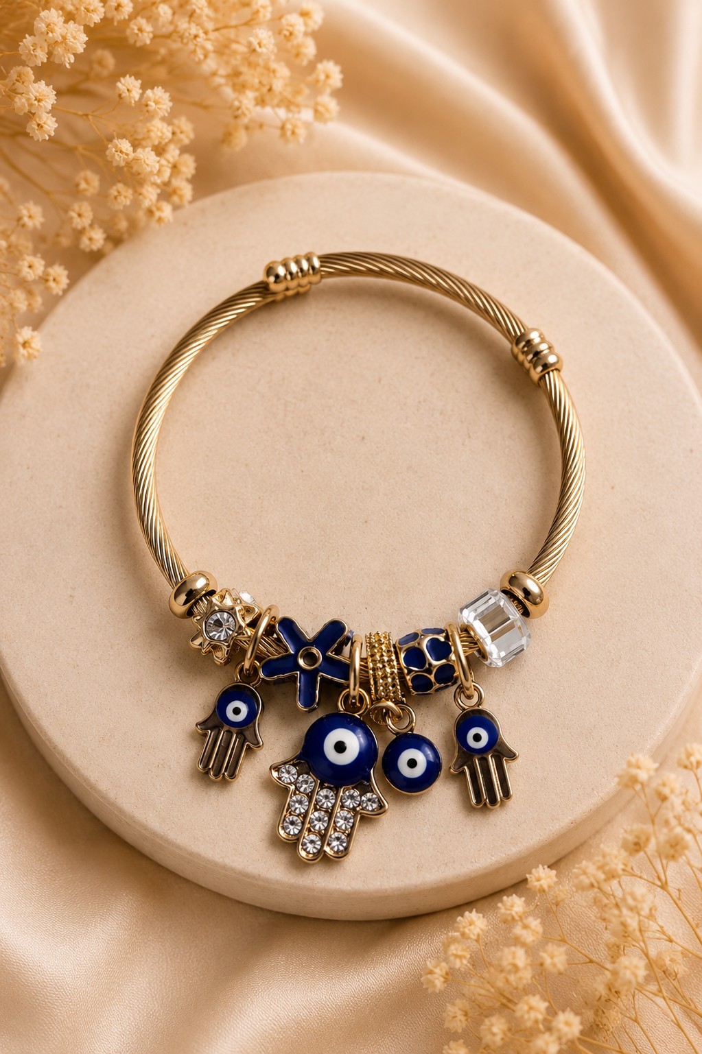Gold Tone Charm Bangle Bracelet w/ Blue Evil Eye Hamsa Hand Dangle Charm