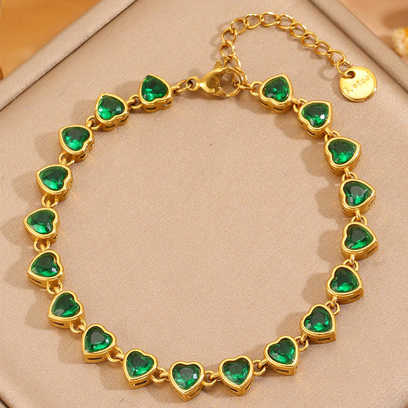 925 Silver Heart Shape Bezel Set Emerald Green Wedding Tennis Bracelet for Women