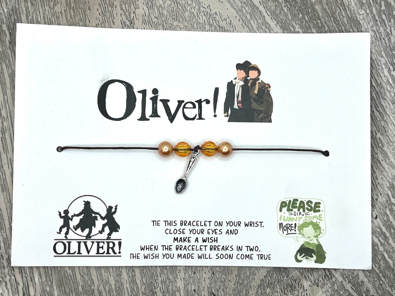 Oliver Twist Wish Bracelet-Broadway Musical bracelet -Spoon charm bracelet