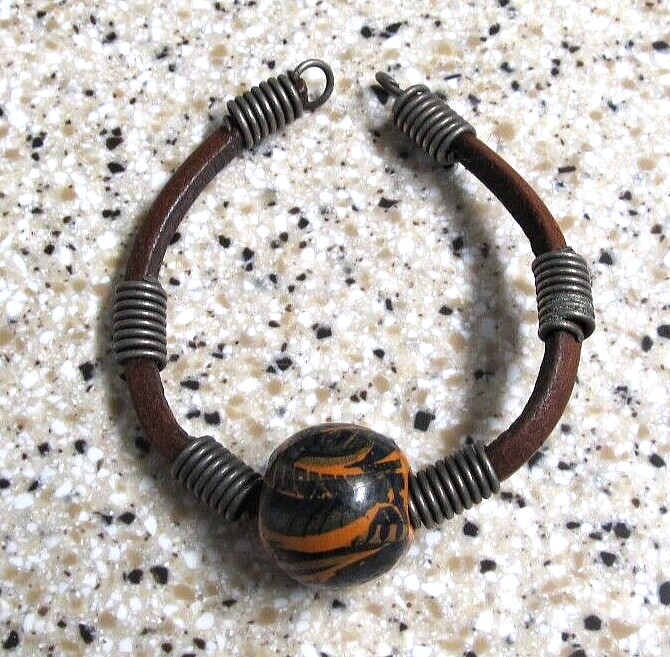 Brown Leather Black Orange Bead Bracelet Silver Tone Hook Closure 70’s