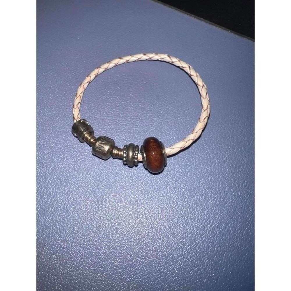 Pandora Braided White Leather Charm Bracelet Sterling Silver Brown Glass Beads