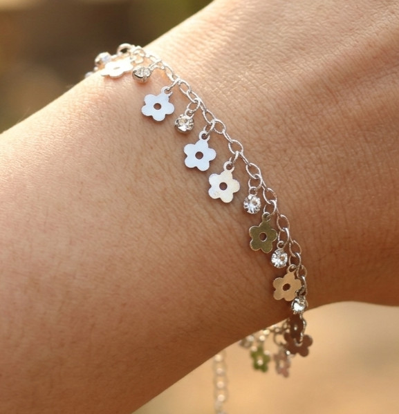 Silver Tone Cubic Zirconia Flower Charm Bracelet | Boho Adjustable Floral Chain