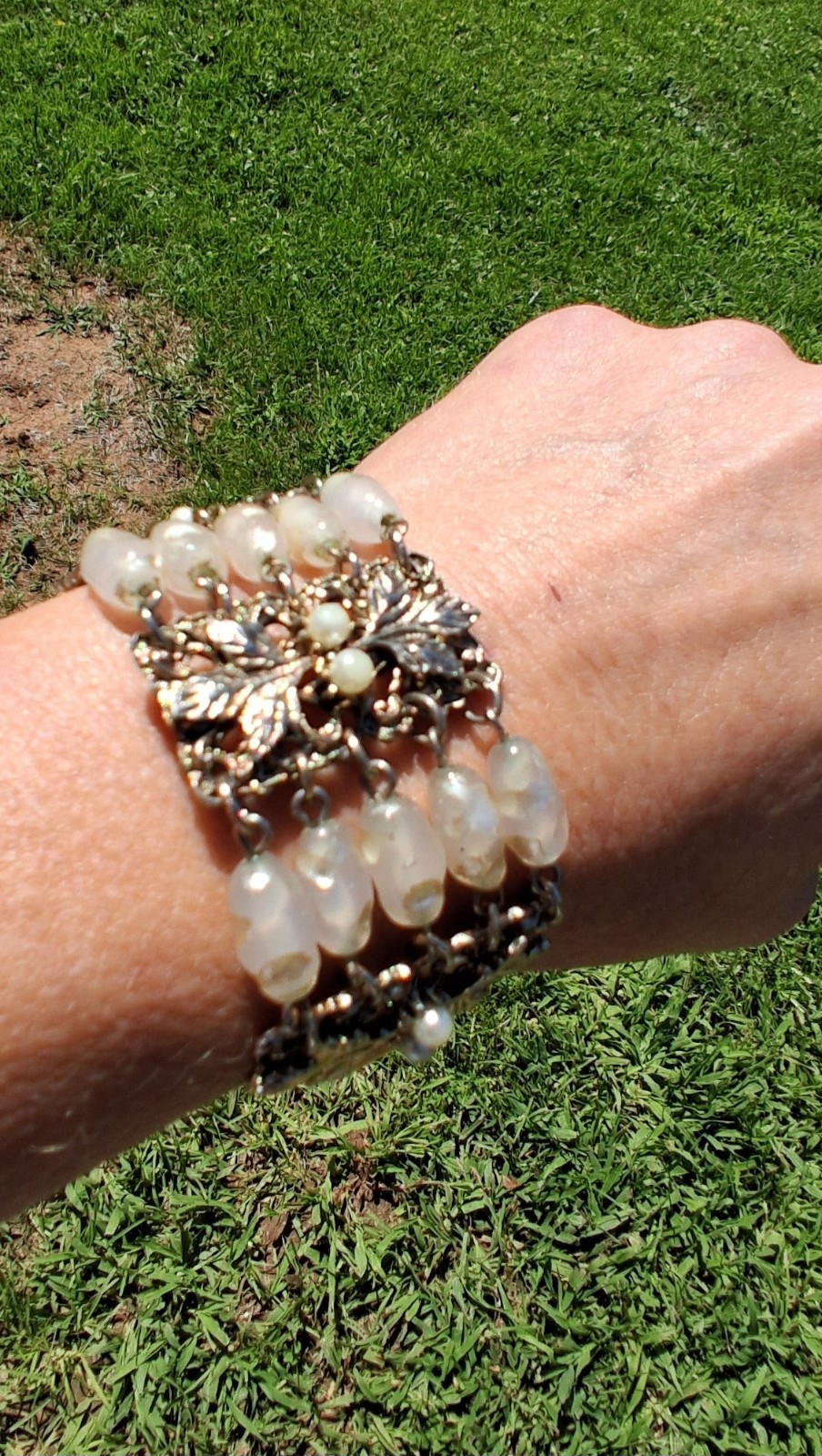 Vintage Gold Tone Wide Panel Bracelet Faux Baroque Pearls & Faux Pearl Accents