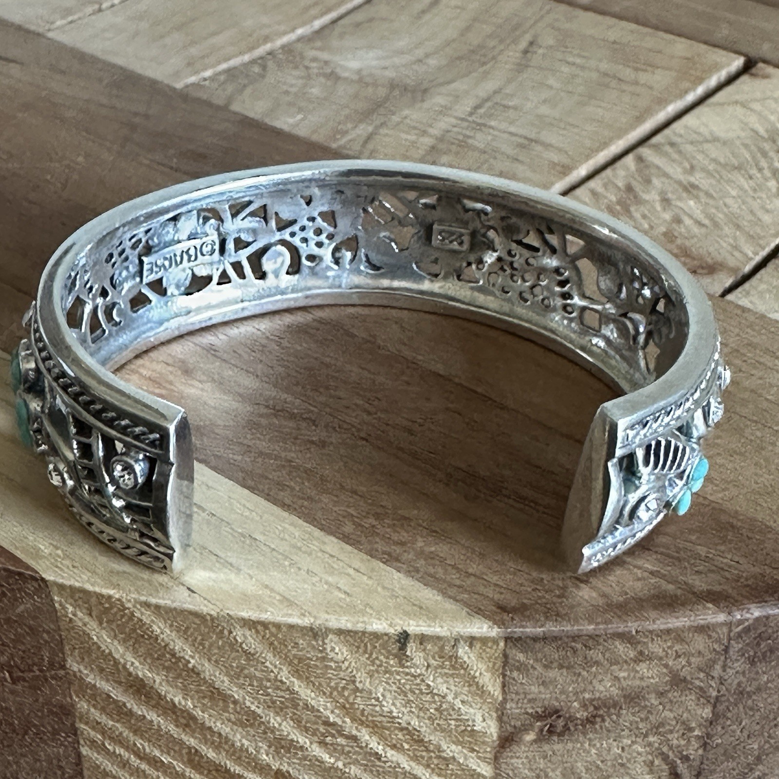 Barse Open Cuff Bracelet 6.5 Inch Turquoise Clear CZ Floral 925 Sterling 53.8g